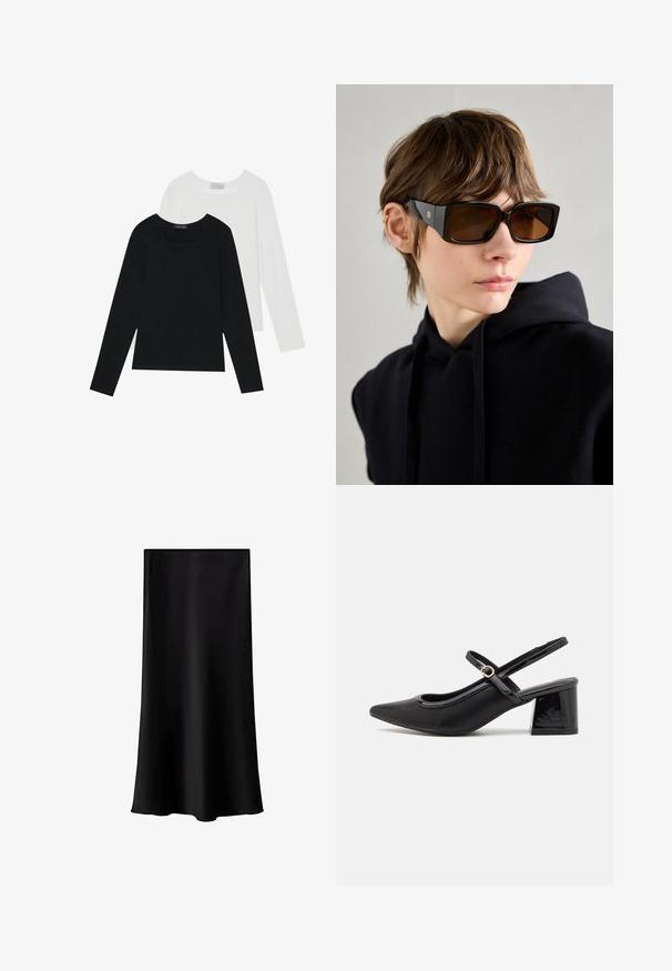 Dva dolga rokava, en črn in en bel, oba z kvadratnim izrezom in narejena iz mehkega, raztegljivega materiala.; Črna midi krila iz gladkega, lahkega materiala. Ima ravno rez, brez vidnih dodatkov in preprost dizajn brez vzorcev.; Črne patentne usnjene salonarce s slingback obliko, s koničastim nosom, zaobljenim izrezom in blok peto. Imajo zlato kovinsko zaponko kot dodatno okrasje.; Črne velikanske sončne očala z lesketajočo površino, pravokotne oblike, rjavi zasenčeni leči in zlatim logotipom na krakih.