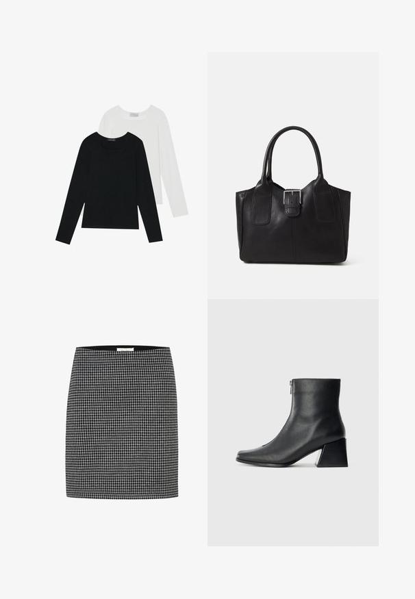 Két hosszú ujjú felső, az egyik fekete, a másik fehér, mindkettő négyzet alakú nyakkivágással rendelkezik, és puha, rugalmas anyagból készült.; Fekete-fehér kutyafogmintás szoknya, testhez álló fazonnal, sima textúrával és derékpánttal. Nincs látható fém vagy minta a kutyafogmintán kívül.; Fekete bőr bokacsizma négyzetes orral, oldalsó cipzárral és tömbsarkal, egyszínű világos háttér előtt.; Fekete bőr bevásárlótáska sima textúrával, strukturált formával, két fogantyúval és egy figyelemfelkeltő ezüst csattal az elején.