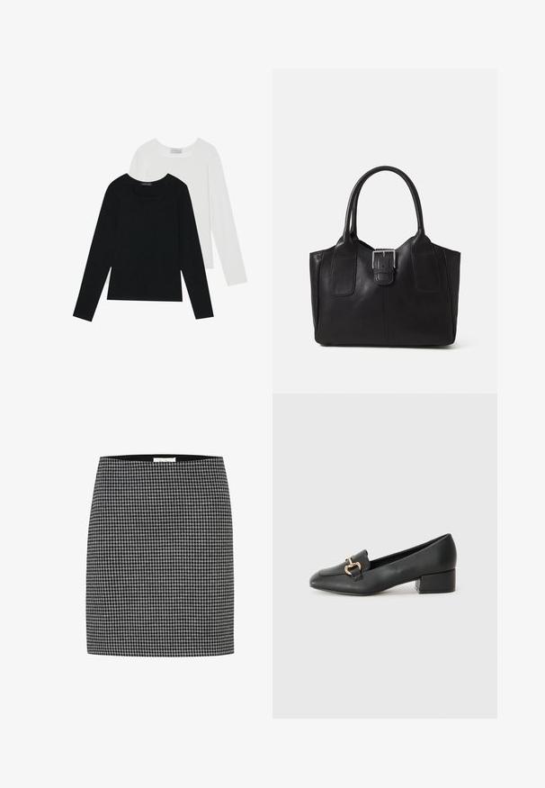 Două bluze cu mânecă lungă, una neagră și una albă, ambele având un guler pătrat și fiind confecționate dintr-un material moale și elastic.; Fustă alb-negru în carouri houndstooth, cu o siluetă ajustată, textură netedă și o talie. Fără accesorii vizibile sau tipare în afara designului houndstooth.; Loaferi negri din piele, cu toc plat, având un detaliu decorativ din hardware auriu în față și o textură netedă.; Geantă tote din piele neagră cu textură netedă, formă structurată, două mânere și un detaliu proeminent din aliaj de argint pe partea din față.