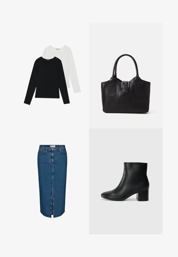 Två långärmade toppar, en svart och en vit, båda med fyrkantig halsringning och tillverkade av mjukt, stretchigt tyg.; Jeanskjol i mörkblått, med en framtida slits, fem fickor och kontrasterande sömmar. Medelhög midja med en klassisk design.; Svarta läderankelstövlar med spetsig tå och kraftig klack. Slät textur med minimala accenter och en stilren, åtsittande design.; Svart läder tote-väska med slät yta, strukturerad form, två handtag och en framträdande silverfärgad spänne på framsidan.