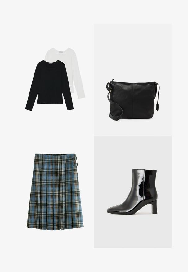 Dvoje dlhých rukávov, jedny čierne a jedny biele, s hranatým výstrihom a vyrobené z mäkkého, elastického materiálu.; Károvaná sukňa v odtieňoch modrej, hnedej a čiernej. Obsahuje skladanie a dva čierne pracky na páse. Vyrobená z textilu z tkaného materiálu.; Čierne lakované členkové topánky s špicatou špičkou a stredne vysokým blokovým podpätkom. Hladká textúra a minimalistický dizajn.; Čierna kožená crossbody taška s plochým tvarom, zlatými kovovými akcentmi a nastaviteľným popruhom. Hladký povrch s minimálnymi švíkmi.