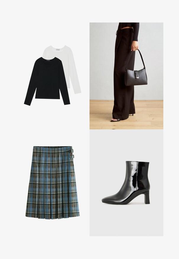 Deux tops à manches longues, un noir et un blanc, tous deux avec un décolleté carré et fabriqués en tissu doux et extensible.; Jupe à carreaux dans des tons de bleu, marron et noir. Elle présente des plis et deux accents de boucle noirs à la taille. Fabriquée en tissu tissé.; Bottines en cuir verni noir avec un bout pointu et un talon block de hauteur moyenne. Texture lisse et design minimaliste.; Sac à main noir à la forme structurée, texture lisse et fermoir métallique. Associé à un pantalon noir ample et des sandales ouvertes sur un sol en bois.