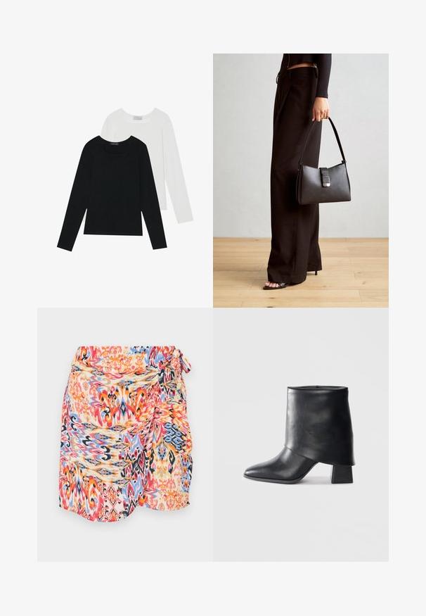 Kaks pikka varrukatoppi, üks must ja teine valge, mõlemad ruudukujulise kaelusega ja valmistatud pehmest, venivast kangast.; Erinevates värvides ja mustrites keerlevate disainidega pakenduskleit punase, sinise, oranži ja kollase värviga, küljetasku ja pehme, kerge kangaga.; Mustad nahast pahkluuring, millel on terav varvas, sile tekstuur ja struktureeritud plokknakk. Omab kõrget, volditud suud.; Must musta kott, millel on struktureeritud kuju, sile tekstuur ja metallist klamber. Kombineeritud laiate mustade pükstega ja avatud varvaste sandaalidega puidust põrandal.