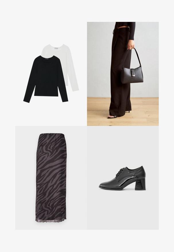 Două bluze cu mânecă lungă, una neagră și una albă, ambele având un guler pătrat și fiind confecționate dintr-un material moale și elastic.; Fustă maxi dintr-un material ușor, cu un model de zebra în nuanțe de negru și gri, talie elastică și margine ondulată.; Pantofi din piele patent neagră, cu vârf rotund, design cu șireturi și toc chunky rectangular. Textură netedă cu un finisaj lucios.; Genți negre cu o formă structurată, textură netedă și un închizător metalic. Asortată cu pantaloni negri largi și sandale cu vârf deschis pe un podea din lemn.