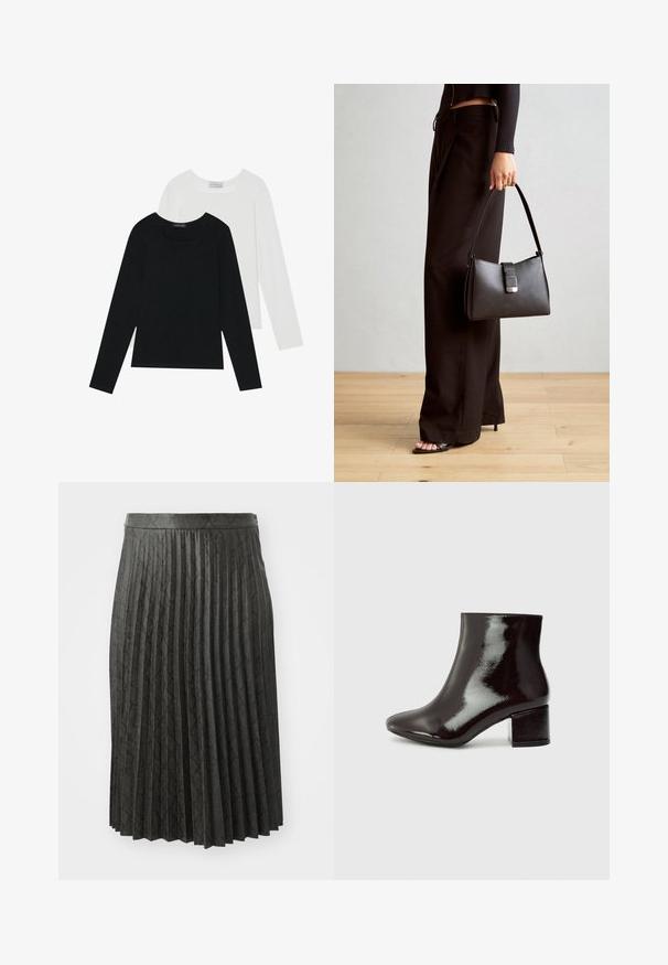 Two long-sleeve tops, one black and one white, both featuring a square neckline and made from soft, stretchy fabric.; Black pleated skirt made of textured fabric, featuring a patterned design and a solid waistband, with a mid-length cut.; Black patent leather ankle boots with a pointed toe and a chunky heel. Smooth texture with a subtle sheen and clean lines, minimalist design.; Black handbag with structured shape, smooth texture, and a metallic clasp. Paired with wide black pants and open-toe sandals on wooden floor.