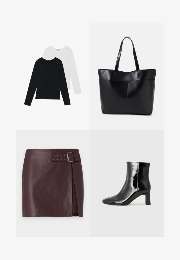 Twee shirts met lange mouwen, één zwart en één wit, beide met een vierkante halslijn en gemaakt van zacht, rekbaar materiaal.; Bordeaux faux leren rok met een brede taille en metalen gesp, voorzien van een zijsplit en een gladde, gepolijste textuur.; Zwarte gepolijste leren enkellaars met een spitse neus en een blokhak van gemiddelde hoogte. Glad textuur en minimalistisch ontwerp.; Zwarte leren tote bag met twee lange handvatten, een zachte textuur en een gestructureerde vorm. Voorzien van een voorvak voor extra opslagruimte.