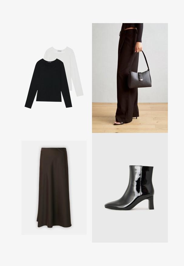 Dva dolga rokava, en črn in en bel, oba z kvadratnim izrezom in narejena iz mehkega, raztegljivega materiala.; Selected Femme SLFLENA - Krilo A-kroja - coffee bean; Črne lakirane gležnjarje z ošiljenim nosom in srednje visokim blokastim peto. Gladka tekstura in minimalističen dizajn.; Črna torbica z strukturirano obliko, gladko teksturo in kovinskim zaponko. Ujemajo se z širokimi črnimi hlačami in odprtimi sandali na lesenem tleh.