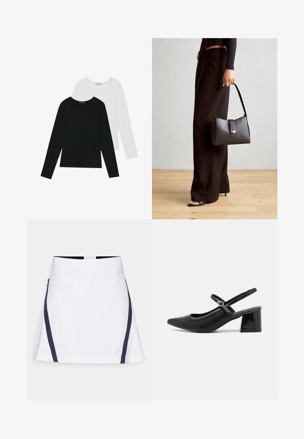 Két hosszú ujjú felső, az egyik fekete, a másik fehér, mindkettő négyzet alakú nyakkivágással rendelkezik, és puha, rugalmas anyagból készült.; Fehér, bővülő fazonú szoknya, tengerészkék oldalsávokkal. Pamutból készült, strukturált felülettel és hátul zippzárral.; Fekete lakk bőr, pántos magassarkú cipő, hegyes orral, lekerekített kivágással és tömbsarkal. Arany színű csat díszíti.; Fekete kézi táska strukturált formával, sima textúrával és fémből készült záródással. Széles fekete nadrággal és nyitott orrú szandállal párosítva, fából készült padlón.