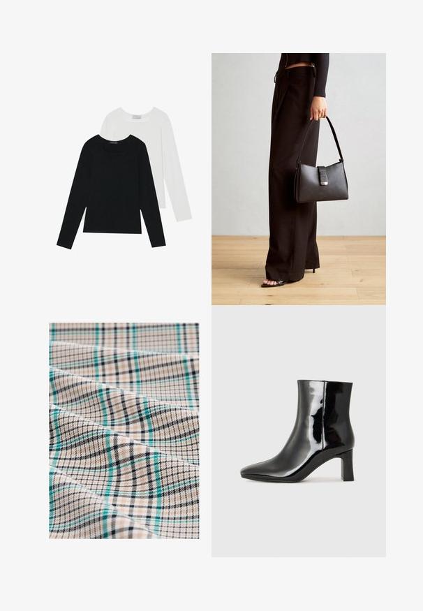 Két hosszú ujjú felső, az egyik fekete, a másik fehér, mindkettő négyzet alakú nyakkivágással rendelkezik, és puha, rugalmas anyagból készült.; Kockás szövet bézs, fekete és türkiz színben. Finom vonalakkal és texturált felülettel rendelkező rácsos mintázatot mutat, amely a kockás és csíkos elemek keverékét vonultatja fel.; Fekete lakk bőrcipő bokáig érő, hegyes orral és közepes magasságú tömbsarokkal. Simább textúrával és minimalista dizájnnal rendelkezik.; Fekete kézi táska strukturált formával, sima textúrával és fémből készült záródással. Széles fekete nadrággal és nyitott orrú szandállal párosítva, fából készült padlón.