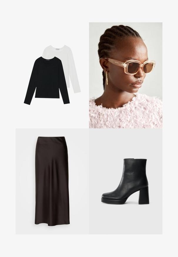 Két hosszú ujjú felső, az egyik fekete, a másik fehér, mindkettő négyzet alakú nyakkivágással rendelkezik, és puha, rugalmas anyagból készült.; Lindex MARIA - A-vonalú szoknya - dark brown; Fekete bőr bokacsizma tömbsarkal és platform talppal, oldalról nézve, sima fehér háttéren.; Beige, oversized napszemüveg átlátszó kerettel és barna árnyékolt lencsékkel, diszkrét virágos díszítéssel és merész, geometrikus formával.