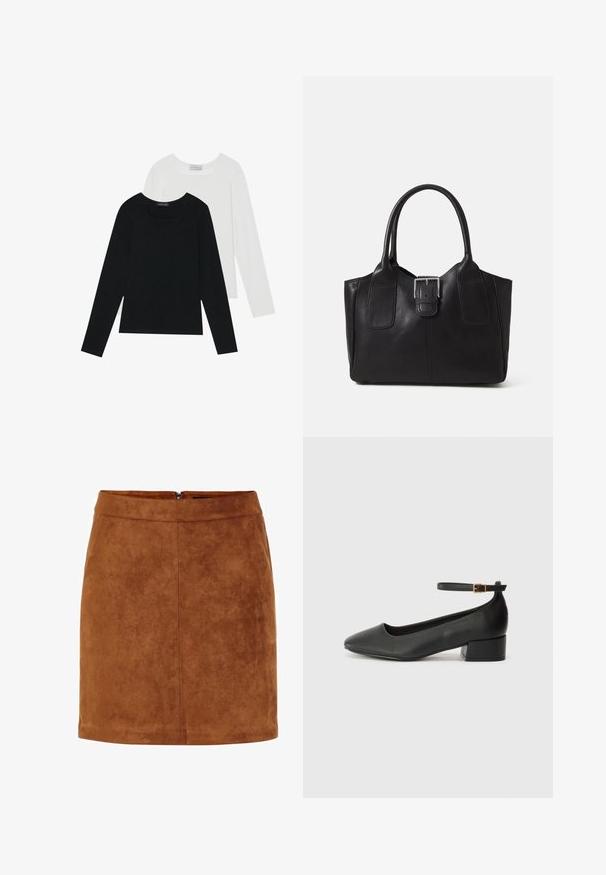 Două bluze cu mânecă lungă, una neagră și una albă, ambele având un guler pătrat și fiind confecționate dintr-un material moale și elastic.; Mini fustă din suedă brună cu o textură fină, croială dreaptă și un fermoar discret la spate. Dispune de detalii cu cusături pentru structură.; Pantof cu toc negru din piele, cu vârf ascuțit și toc mic pătrat. Dispune de o curea la gleznă cu o cataramă în tonuri de aur. Textură netedă.; Geantă tote din piele neagră cu textură netedă, formă structurată, două mânere și un detaliu proeminent din aliaj de argint pe partea din față.