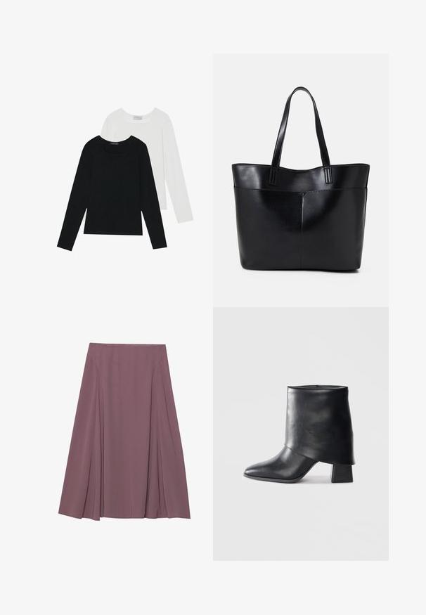 Du suknelės su ilgomis rankovėmis, viena juoda ir viena balta, abi su kvadratiniu iškirpimu ir pagamintos iš minkštos, elastingos medžiagos.; Knee ilgio sijonas, neryškios mauvų spalvos, pagamintas iš lengvos medžiagos, su klostėmis ir lygiu paviršiumi. Matomų užsegimų nėra.; Juodos odinės kulkšnės botai su smailiu pirštu, lygiu paviršiumi ir standžiu blokiniu kulnu. Ypatybė - aukštas, sulankstytas užkulnis.; Juoda odinė rankinė su dviem ilgais diržais, lygiu paviršiumi ir struktūrizuota forma. Yra priekinė kišenė papildomam saugojimui.