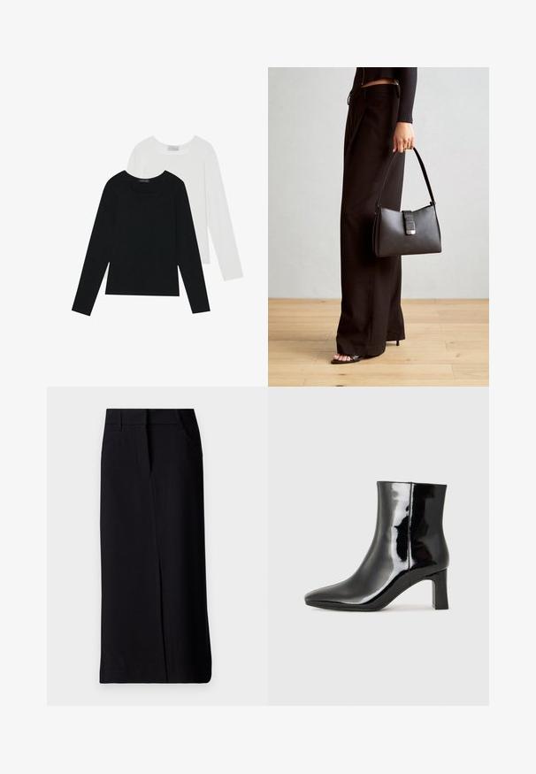 Dvoje dlhých rukávov, jedny čierne a jedny biele, s hranatým výstrihom a vyrobené z mäkkého, elastického materiálu.; Čierna dlhá sukňa vyrobená z tkaniny s hladkou štruktúrou. Má predný rozparok a dve bočné vrecká. Klasický dizajn s priliehavým pásom.; Čierne lakované členkové topánky s špicatou špičkou a stredne vysokým blokovým podpätkom. Hladká textúra a minimalistický dizajn.; Čierna kabelka so štruktúrovaným tvarom, hladkou textúrou a kovovou sponou. V kombinácii so širokými čiernymi nohavicami a sandálmi s otvorenou špičkou na drevenej podlahe.