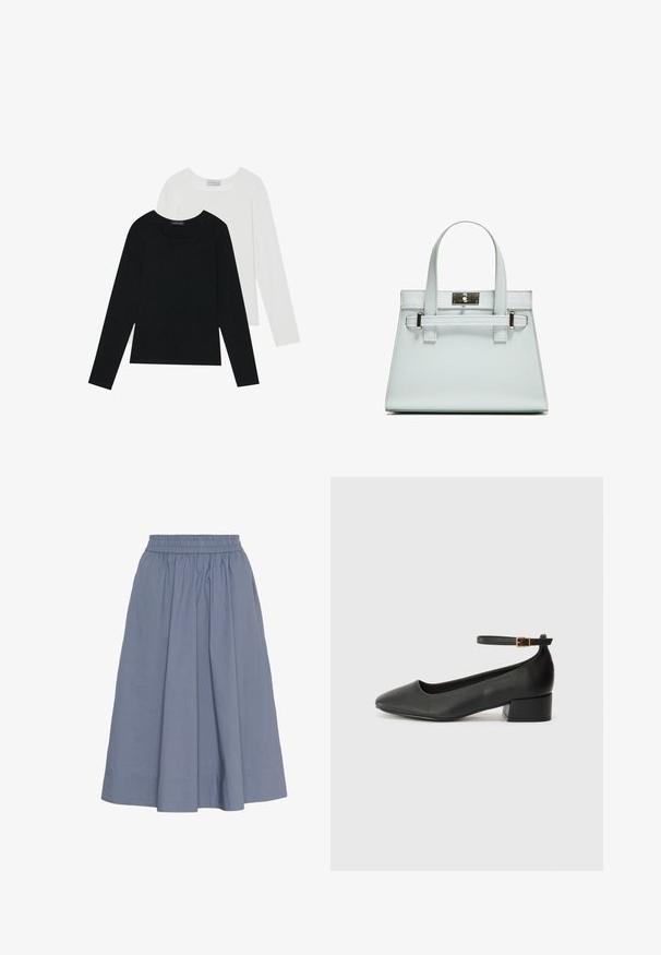 Két hosszú ujjú felső, az egyik fekete, a másik fehér, mindkettő négyzet alakú nyakkivágással rendelkezik, és puha, rugalmas anyagból készült.; Derékig érő, világoskék pamut szoknya, elasztikus derékkal, redős kialakítással és sima textúrával a kényelem érdekében.; Fekete bőr magassarkú cipő hegyes orral és alacsony tömb sarkal. Bokapánttal rendelkezik, aranyszínű csattal. Simább textúra.; Világoskék kézitáska, strukturált kialakítással, két fogantyúval és ezüstszínű fémzárral. Texturált anyag és éles sarkok.
