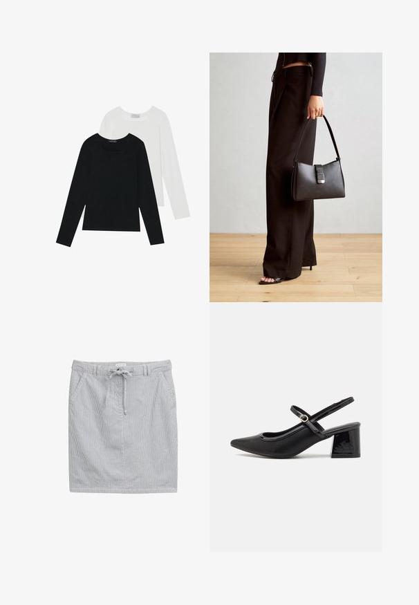 Dva dolga rokava, en črn in en bel, oba z kvadratnim izrezom in narejena iz mehkega, raztegljivega materiala.; Pasma suknja v svetlo modri in beli barvi iz bombaža z elastičnim pasom, vrvico in dvema stranskima žepoma. Gladka tekstura, dolžina nad koleni.; Črne patentne usnjene salonarce s slingback obliko, s koničastim nosom, zaobljenim izrezom in blok peto. Imajo zlato kovinsko zaponko kot dodatno okrasje.; Črna torbica z strukturirano obliko, gladko teksturo in kovinskim zaponko. Ujemajo se z širokimi črnimi hlačami in odprtimi sandali na lesenem tleh.