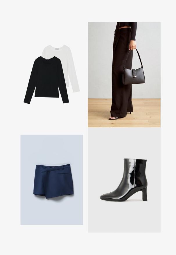 To lange skjorter med lange ærmer, en sort og en hvid, begge med firkantet halsudskæring og lavet af blødt, strækbart stof.; Marineblå shorts med flad front, sidelommer og en baglomme. Glat stof med et skræddersyet udseende og syede detaljer.; Sort lakeret ankelstøvle med spids tå og en midt-højde blokhæl. Glat tekstur og minimalistisk design.; Sort håndtaske med struktureret form, glat overflade og metalspænde. Sammen med brede sorte bukser og sandaler med åben tå på trægulv.