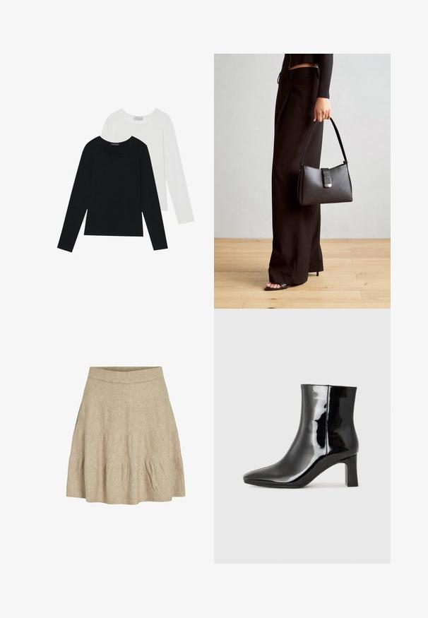 To lange ermer t-skjorter, en svart og en hvit, begge med firkantet utringning og laget av mykt, elastisk stoff.; En kort, beige skjørt laget av et mykt, teksturert stoff med en ribbet midje og lett plissering nær kanten.; Sorte patentlær ankle boot med spiss tå og en mellomhøy blokkhelt. Glatt tekstur og minimalistisk design.; Svart håndveske med strukturert form, jevn tekstur og metallisk lås. Kombinert med brede svarte bukser og sandaler med åpen tå på tregulv.