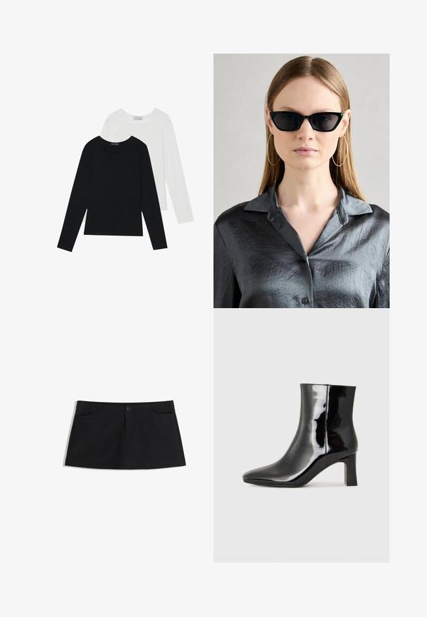 Két hosszú ujjú felső, az egyik fekete, a másik fehér, mindkettő négyzet alakú nyakkivágással rendelkezik, és puha, rugalmas anyagból készült.; Fekete, térd fölé érő szoknya puha anyagból. Két elülső zsebe és egy gombos záródása van a deréknál.; Fekete lakk bőrcipő bokáig érő, hegyes orral és közepes magasságú tömbsarokkal. Simább textúrával és minimalista dizájnnal rendelkezik.; Fekete macskaszem napszemüveg fényes felülettel, amelyet egy texturált szürke inggel viselnek, amelynek gallérja van. Nagy fülbevalók is láthatók.; Barna bőr keresztbody táska ívelt formával, aranyszínű fémrészekkel és csat díszítéssel. Levehető vállpánttal rendelkezik.