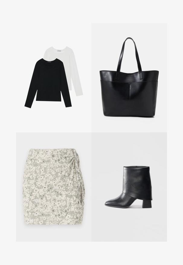 Dos camisetas de manga larga, una negra y otra blanca, ambas con escote cuadrado y confeccionadas en un tejido suave y elástico.; Falda mini floral en verde claro y crema con un lado fruncido y detalles en negro. Tejido suave y texturizado con un diseño envolvente.; Bota de cuero negro hasta el tobillo con punta afilada, textura suave y un tacón bloque estructurado. Presenta un diseño de puño alto y doblado.; Bolso tote de cuero negro con dos asas largas, textura suave y forma estructurada. Cuenta con un bolsillo frontal para almacenamiento adicional.