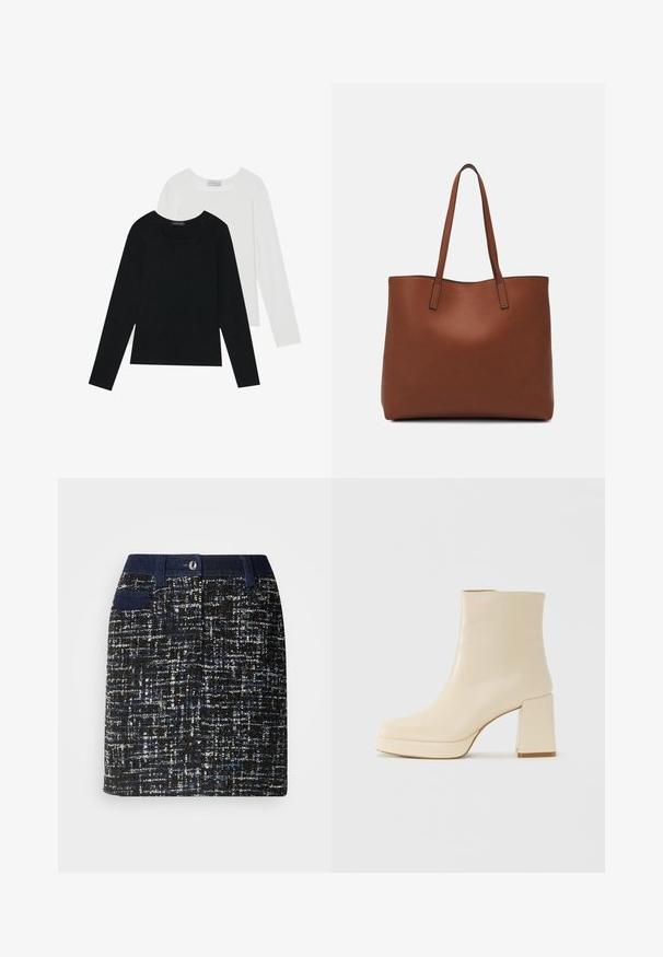 Deux tops à manches longues, un noir et un blanc, tous deux avec un décolleté carré et fabriqués en tissu doux et extensible.; Jupe tissée noire avec des taches bleues et blanches. Elle présente une taille sombre, des poches avant et une coupe droite. Tissu texturé.; Botte chelsea en cuir beige avec un talon bloc et une semelle à plateforme, finition lisse et pointe légèrement carrée, tournée vers la gauche sur un fond blanc.; Sac fourre-tout en cuir marron avec une texture lisse, design à ouverture supérieure et deux poignées pour le porter à l'épaule. Présente des coutures minimales et aucun matériel visible.