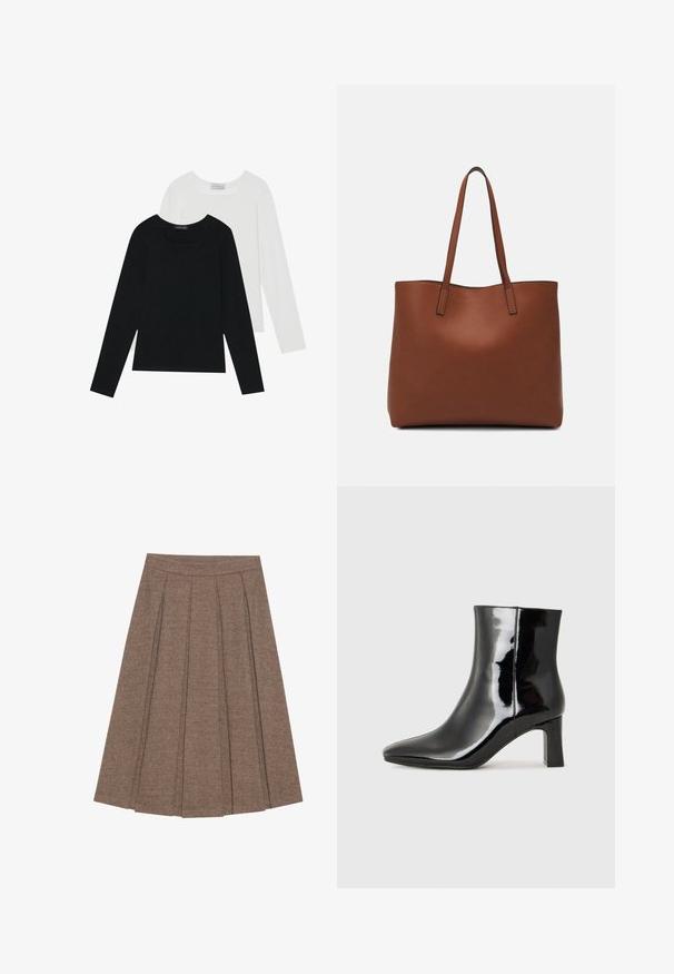 Kaks pikka varrukatoppi, üks must ja teine valge, mõlemad ruudukujulise kaelusega ja valmistatud pehmest, venivast kangast.; Lähedase mustriga pruun plekiline seelik, millel on sobiv vöökoht ja laienev siluett, pakub struktureeritud tekstuuri ja disaini.; Must-sinine nahkjalats musta läikiva viimistlusega, millel on terav nina ja keskmise kõrgusega plokk konts. Sile tekstuur ja minimalistik disain.; Pruun nahast tote-kott, millel on sile tekstuur, avatud ülaosa disain ja kaks õlarihma. Omab minimaalset õmblust ja nähtavat riistvara ei ole.