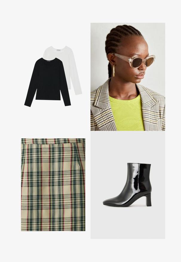 Két hosszú ujjú felső, az egyik fekete, a másik fehér, mindkettő négyzet alakú nyakkivágással rendelkezik, és puha, rugalmas anyagból készült.; Kockás szövet, amely bézs alapon sötétzöld, piros és sárga csíkokkal rendelkezik. Texturált szőttes, rendezett mintával, jól látható mintázatokkal.; Fekete lakk bőrcipő bokáig érő, hegyes orral és közepes magasságú tömbsarokkal. Simább textúrával és minimalista dizájnnal rendelkezik.; Tiszta macskaszem napszemüveg barna lencsékkel és átlátszó kerettel. Model éppen egy zöld bordázott felsőt és kockás blézert visel. Arany fülbevalók.