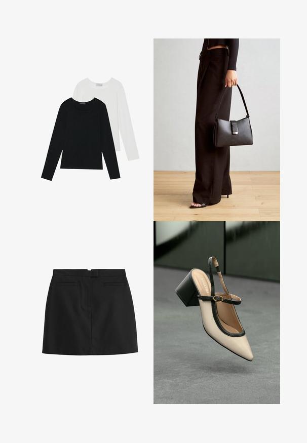 Kaksi pitkähihainen paitaa, yksi musta ja yksi valkoinen, molemmat neliönmallisella kaula-aukolla ja pehmeästä, joustavasta kankaasta valmistettu.; Musta mini hame, joka on valmistettu sileästä kankaasta, suoran leikkauksen omaava, kahdella takataskulla ja piilotetulla vetoketjukiinnityksellä takana.; Beige slingback-kengät, joissa on musta reuna, kultahakas, ja paksu lohkoheel, harmaalla lattialla tummanvihreää taustaa vasten.; Musta käsilaukku, jossa on rakenteellinen muoto, sileä pinta ja metallinen solki. Yhdistetty leveisiin mustiin housuihin ja avonaiheisiin sandaaleihin puulattialla.