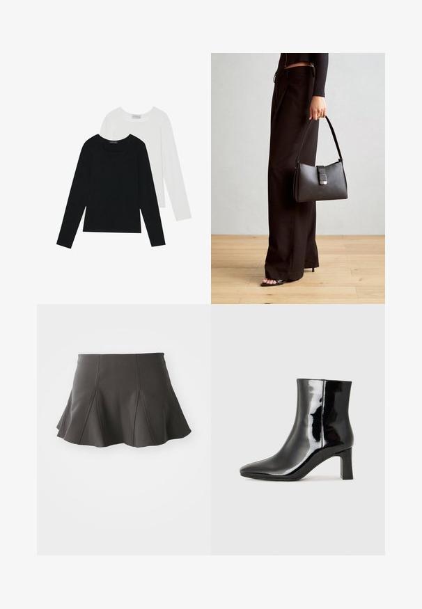 Dva dugo rukava, jedan crni i jedan bijeli, oba s kvadratnim izrezom i izrađeni od mekane, rastezljive tkanine.; Crna lepršava suknja s uskim pojasom, koja ima vertikalne šavove i glatku teksturu. Rub suknje je blago zakrivljen i iznad sredine bedra.; Crne lakirane kožne gležnjače s šiljastim prstom i srednje visokom blok petom. Glatka tekstura i minimalistički dizajn.; Crna torba s oblikom koji sadrži strukturu, glađu teksturu i metalnu kopču. Uparena s širokim crnim hlačama i sandalama na otvorenom s drvenog poda.