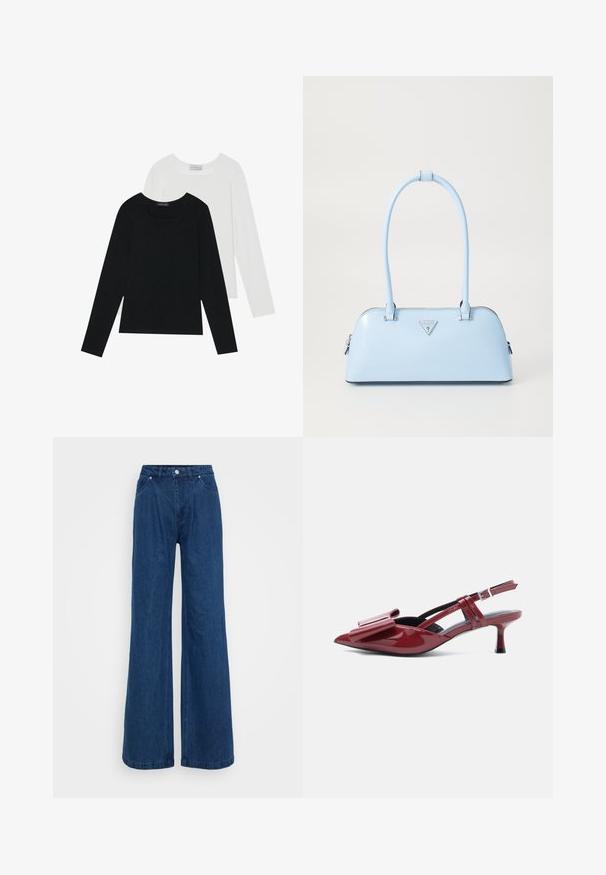 Two long-sleeve tops, one black and one white, both featuring a square neckline and made from soft, stretchy fabric.; Wide-leg blue denim jeans with a high waist, front button and zipper closure, and front and back pockets against a plain background.; Red patent leather slingback kitten heel with pointed toe and large bow detail on upper against white background.; Light blue handbag with a structured shape, smooth leather material, two handles, and a triangular brand logo on the front. Zippered closure.
