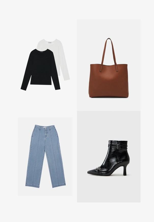 Két hosszú ujjú felső, az egyik fekete, a másik fehér, mindkettő négyzet alakú nyakkivágással rendelkezik, és puha, rugalmas anyagból készült.; Világoskék, bő szárú farmernadrág. Jellemzői a magas derék, gombos zárás és a látható varrás. Az elején nincsenek látható zsebek.; Tamaris Telitalpú bokacsizmák - black; Barna bőr vászontáska sima textúrával, nyitott tetejű dizájnnal és két vállpánttal. Minimális varrással és látható hardver nélkül készült.