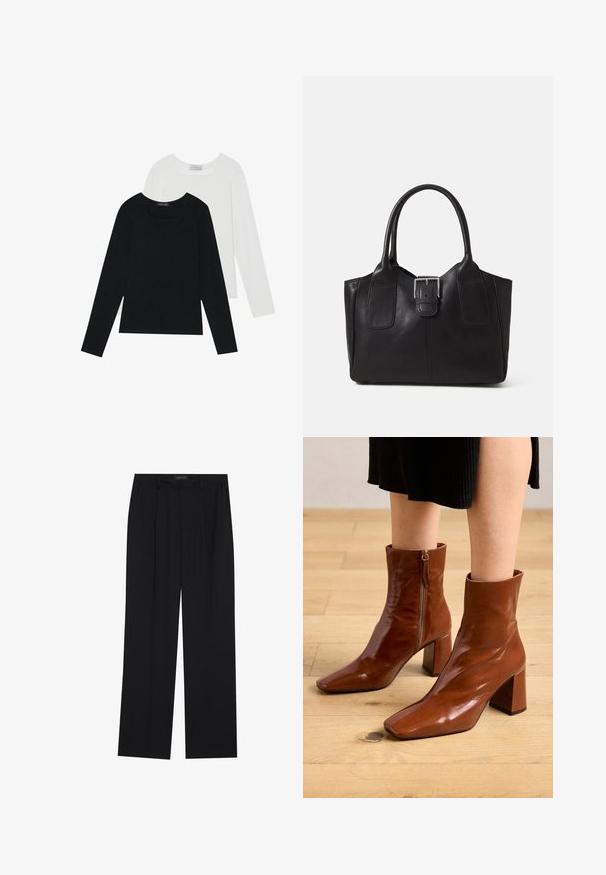 Divi ilgiem piedurknēm tops, viens melns un otrs balts, abiem ir kvadrāta izgriezums un tie ir izgatavoti no mīksta, elastīga auduma.; Melni bikses ar taisnu kāju dizainu, kurām ir divi priekšējie kabatas un jostasvieta. Izgatavotas no gludas, vieglas auduma.; Brūni ādas potītes zābaki ar spīdīgu apdari, kvadrātīgu pirkstu, taisnu papēdi un sānu rāvējslēdzēja detaļu, novietoti uz gaiša koka grīdas.; Melnas ādas somiņa ar gludu tekstūru, strukturētu formu, divām rokturām un izteiktu sudraba sprādzi priekšpusē.