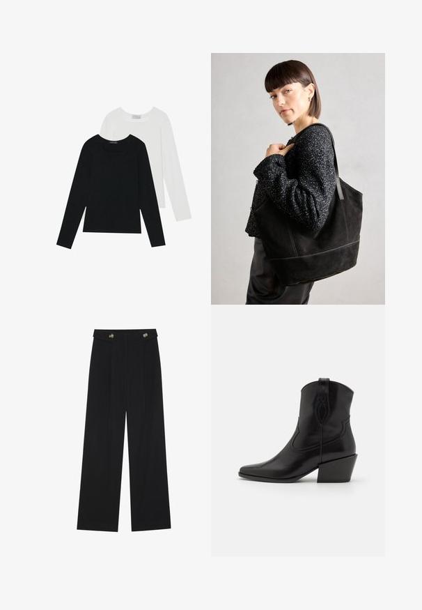 Dwie bluzki z długim rękawem, jedna czarna i jedna biała, obie z kwadratowym dekoltem i wykonane z miękkiego, elastycznego materiału.; Czarne szerokie spodnie z wysokim stanem, z detalami w postaci guzików na pasku oraz plisami z przodu.; Kennel + Schmenger ZIA czarny; Czarna torba tote zamszowa o gładkiej fakturze, strukturalnym kształcie i kontrastowym przeszyciu. Posiada długie rączki do noszenia na ramieniu.