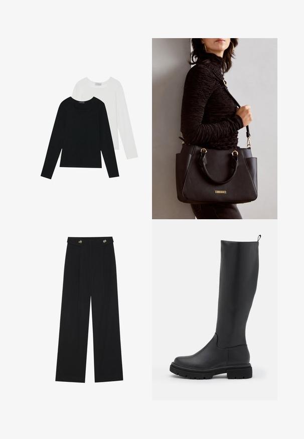 Dva dugo rukava, jedan crni i jedan bijeli, oba s kvadratnim izrezom i izrađeni od mekane, rastezljive tkanine.; Crne hlače širokih nogavica s visokim strukom, s dugmadi na pojasu i prednjim nabora.; Crne čizme do koljena od glatkog, mat materijala s debelim potplatom, zaobljenim vrhom i petom za lakše oblačenje.; Crna torba s teksturiranom površinom, dvostrukim gornjim ručkama i podesivom remenom za rame. Ima zlatne metalne detalje i bočne džepove.