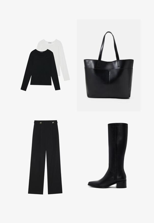 Zwei Langarmoberteile, eines schwarz und eines weiß, beide mit einem quadratischen Ausschnitt und aus weichem, dehnbarem Stoff.; Schwarze weite Hosen mit hoher Taille, Knopfdetails am Bund und vorderen Falten.; Schwarze knielange Lederstiefel mit spitzem Zehenbereich, Blockabsatz und glatter Textur. Sie verfügen über ein sauberes Design mit minimalen Details.; Schwarze Leder-Shopper-Tasche mit zwei langen Griffen, einer glatten Textur und einer strukturierten Form. Verfügt über eine Vordertasche für zusätzlichen Stauraum.