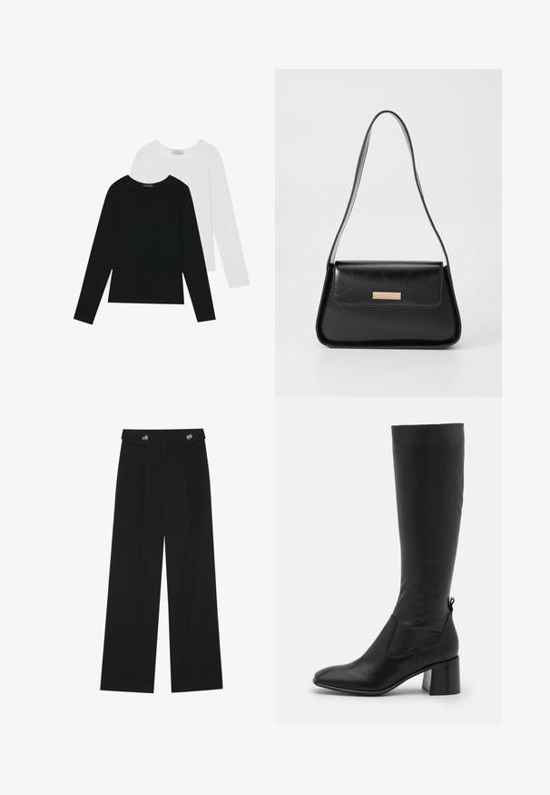 Dva dolga rokava, en črn in en bel, oba z kvadratnim izrezom in narejena iz mehkega, raztegljivega materiala.; Črne široke hlače s visokim pasom, gumbnimi detajli na pasu in sprednjimi gubami.; Jeffrey Campbell JEREM - Škornji - black; Črna usnjena torbica z obliko trikotnika, ozkim trakom in zlatimi dodatki, ki vključujejo oznako na sprednjem poklopcu.