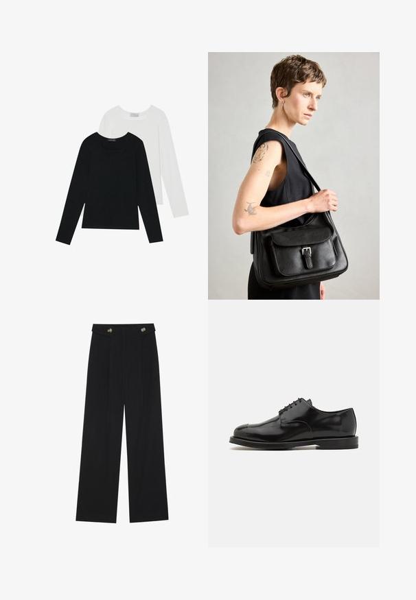 Zwei Langarmoberteile, eines schwarz und eines weiß, beide mit einem quadratischen Ausschnitt und aus weichem, dehnbarem Stoff.; Schwarze weite Hosen mit hoher Taille, Knopfdetails am Bund und vorderen Falten.; Schwarze Lederschuhe mit polierter Oberfläche, runder Zehenform, Schnürdesign, kontrastierender Sohle und minimalistischen Steppdetails.; Schwarze Leder-Schultertasche mit einer Frontklappe, Schnallendetail und glatter Textur. Verfügt über einen einzelnen Schultergurt und ein minimalistisches Design.