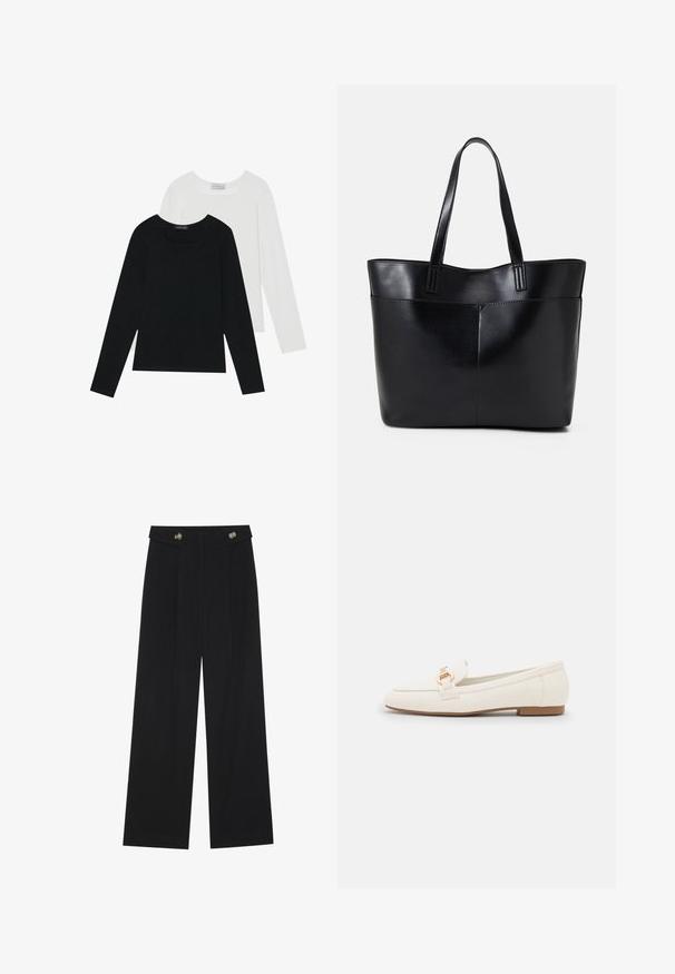 Kaksi pitkähihainen paitaa, yksi musta ja yksi valkoinen, molemmat neliönmallisella kaula-aukolla ja pehmeästä, joustavasta kankaasta valmistettu.; Mustat leveälahkeiset housut, joissa on korkea vyötärö, napit vyötärönauhassa ja etupuolella laskokset.; Valkoiset nahkaloaferit, joissa on litteä pohja, kultasävytetty solkiyksityiskohta ja sileä pinta. Klassinen muotoilu yksinkertaisilla linjoilla.; Musta nahkainen kassi, jossa on kaksi pitkää kahvaa, sileä pinta ja jämäkkä muoto. Sisältää etutaskun lisävarastointia varten.
