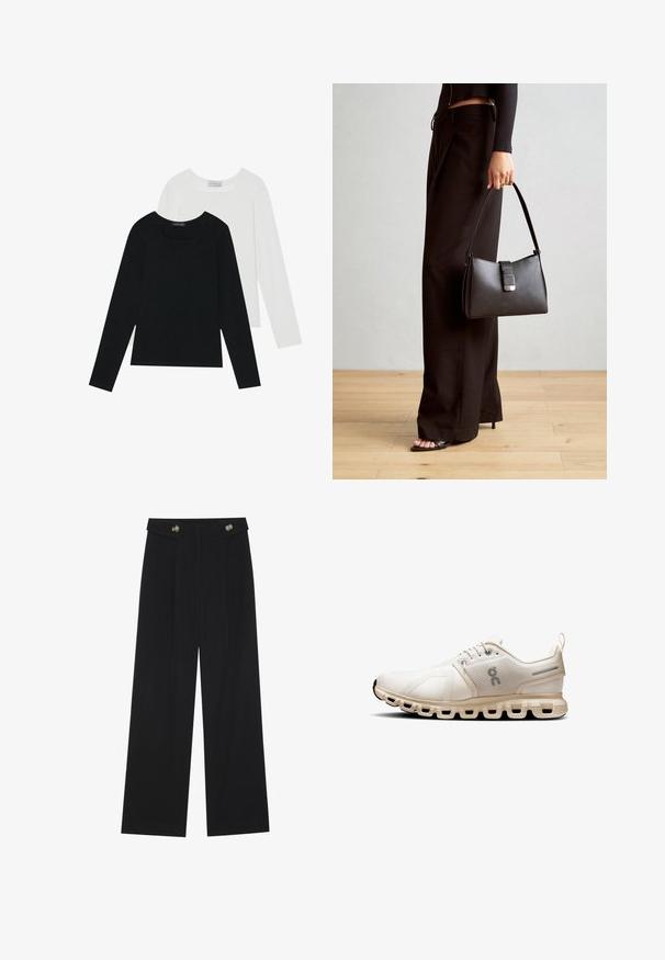 Twee shirts met lange mouwen, één zwart en één wit, beide met een vierkante halslijn en gemaakt van zacht, rekbaar materiaal.; Zwarte wijde broek met hoge taille, knoopdetails op de tailleband en plooien aan de voorkant.; Lichtbeige sportschoen met bovenwerk van gaas, minimalistisch ontwerp, ronde neus en een gevoerde zool met segmentale uitsparingen voor flexibiliteit.; Zwarte handtas met gestructureerde vorm, gladde textuur en een metalen sluiting. Gecombineerd met brede zwarte broeken en sandalen met open teen op een houten vloer.