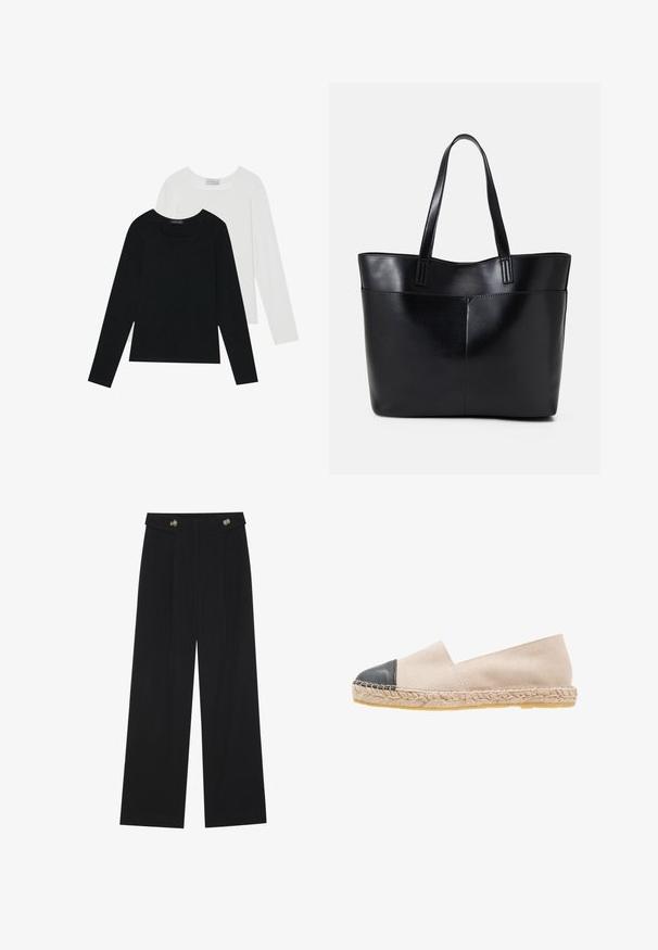 Deux tops à manches longues, un noir et un blanc, tous deux avec un décolleté carré et fabriqués en tissu doux et extensible.; Pantalons larges noirs à taille haute, avec des détails de boutons à la taille et des plis sur le devant.; Espadrille en daim beige avec un bout en cuir noir, semelle en jute tressé et design simple à enfiler. Texture lisse et léger.; Sac fourre-tout en cuir noir avec deux longues poignées, une texture lisse et une forme structurée. Dispose d'une poche avant pour un rangement supplémentaire.