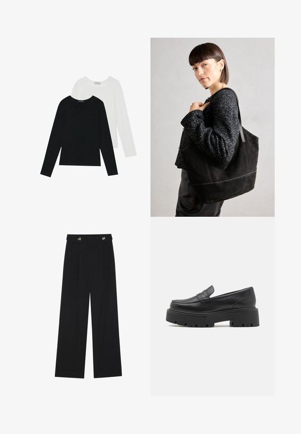 To lange ermer t-skjorter, en svart og en hvit, begge med firkantet utringning og laget av mykt, elastisk stoff.; Svart vide bukser med høy midje, knappdetaljer på midjebåndet og frontplisser.; Sorte lærloafere med en lav, kraftig gummisåle, sydd detaljer på overdelen, og en glatt tekstur.; Svart semsket tote-veske med en jevn tekstur, strukturert form og kontrasterende sømmer. Har lange stropper for skulderbæring.; Sett med fem gulløredobber, med varierte design: vridde, ribbede og glatte overflater i både hoop- og halvmåneformer.