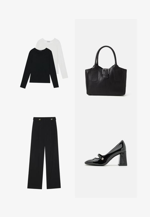 Dvoje dlhých rukávov, jedny čierne a jedny biele, s hranatým výstrihom a vyrobené z mäkkého, elastického materiálu.; Čierne široké nohavice s vysokým pásom, so zapínaním na gombíky na páse a prednými sklady.; Tamaris Obuv na vysokom opätku - black; Čierna kožená taška s hladkou textúrou, štruktúrovaným tvarom, dvoma uchami a výrazným strieborným prackovým detailom na prednej strane.