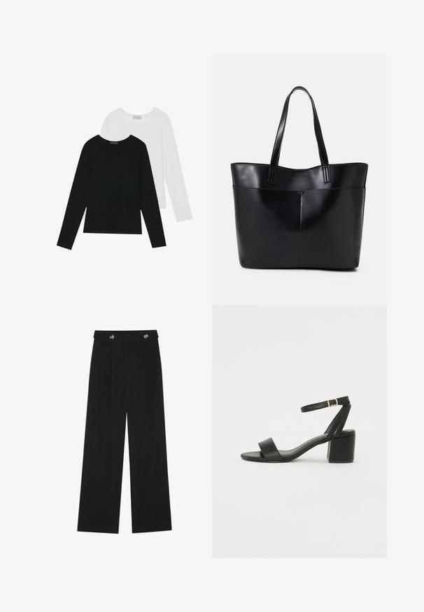 Kaks pikka varrukatoppi, üks must ja teine valge, mõlemad ruudukujulise kaelusega ja valmistatud pehmest, venivast kangast.; Mustad laiad püksid kõrge vöökoha ja nööpdetailidega vööandil, esikortsudega.; Mustad mustakäpp featuring a sileda nahast ülemine osa, avatud varvas, laiad esistrapid ja reguleeritav pahkluu rihm kuldse pandlaga.; Must mustaga musta nahast, millel on kaks pikka kanda, sile tekstuur ja struktureeritud kuju. Esipoolsel on lisakoti jaoks tasku.