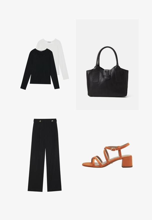 Kaks pikka varrukatoppi, üks must ja teine valge, mõlemad ruudukujulise kaelusega ja valmistatud pehmest, venivast kangast.; Mustad laiad püksid kõrge vöökoha ja nööpdetailidega vööandil, esikortsudega.; Oranžidest nubukist kõrgete kontsadega sandaalid, millel on ees kolm õhukest rihma ja klamber. Omab plokknina, mis tagab stabiilsuse.; Mustgamma nahast kott, millel on sile tekstuur, struktureeritud kuju, kaks käepidet ja esiküljel silmapaistev hõbedane pandla detail.