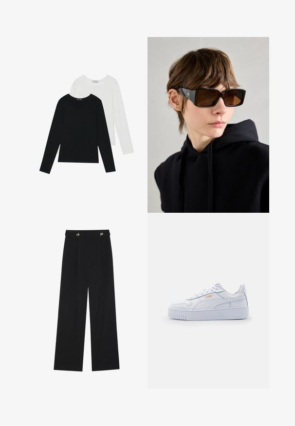 Dva dugo rukava, jedan crni i jedan bijeli, oba s kvadratnim izrezom i izrađeni od mekane, rastezljive tkanine.; Crne hlače širokih nogavica s visokim strukom, s dugmadi na pojasu i prednjim nabora.; Bijele kožne tenisice s debelim potplatom, s glatkom teksturom, minimalističkim dizajnom, bočnim prugama i malim logom.; Crne oversize sunčane naočale s sjajnom završnom obradom, pravokutnog oblika, smeškim staklima i zlatnim logotipom na ručkama.