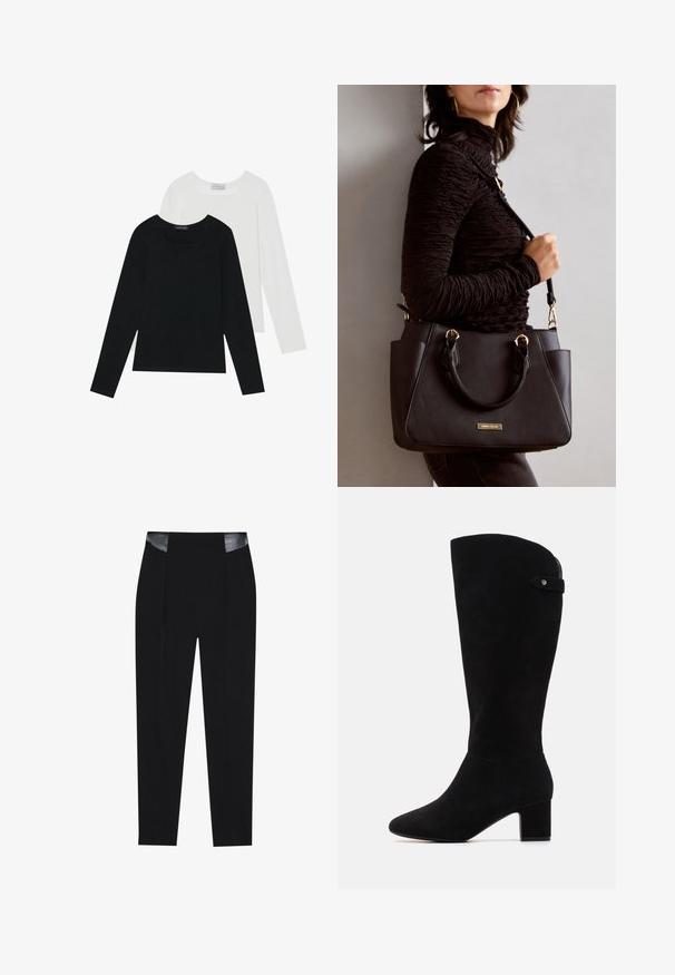 To lange ermer t-skjorter, en svart og en hvit, begge med firkantet utringning og laget av mykt, elastisk stoff.; Sorte skreddersydde bukser med en elegant design, folder foran, og glansfulle sorte lærdetaljer i midjen. Glatt tøymateriale.; Svarte semskede knæhøje støvler med spids tå og blokhæl. Har en glat tekstur og et enkelt design, med en side rem detalje.; Svart håndveske med teksturert overflate, doble topphåndtak og justerbar skulderrem. Har detaljer i gulltone og sidelommer.