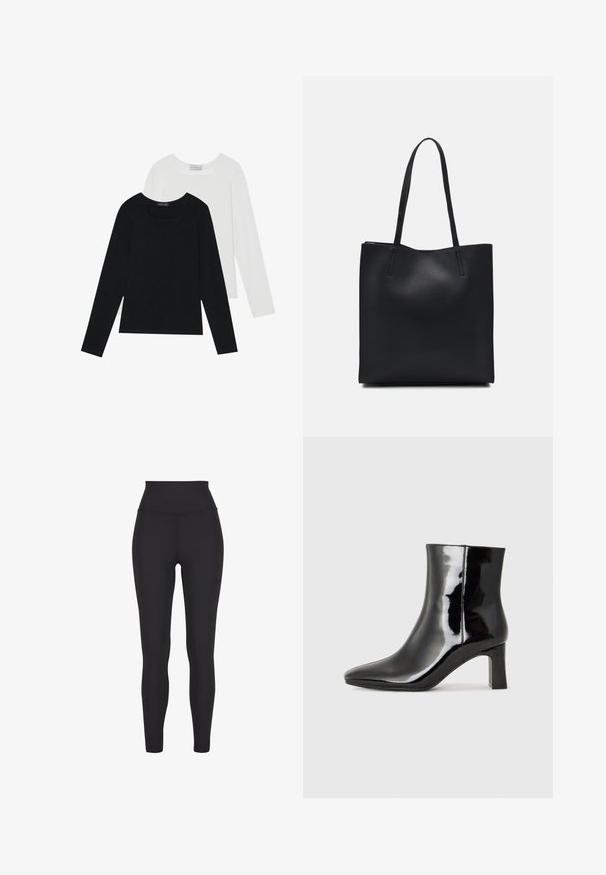 To lange ermer t-skjorter, en svart og en hvit, begge med firkantet utringning og laget av mykt, elastisk stoff.; Høyt liv sorte leggings laget av elastisk materiale, med en glatt tekstur og en tettsittende design uten synlige sømmer eller mønstre.; Sorte patentlær ankle boot med spiss tå og en mellomhøy blokkhelt. Glatt tekstur og minimalistisk design.; Svart lær tote bag med glatt tekstur, rektangulær form og to lange håndtak. Ingen synlige deler eller dekorasjoner.