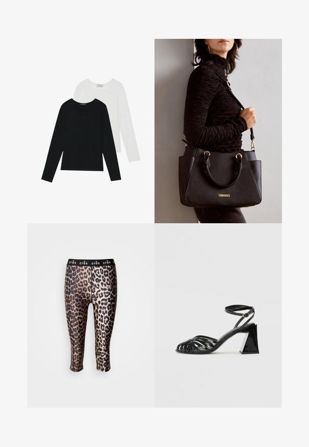 Deux tops à manches longues, un noir et un blanc, tous deux avec un décolleté carré et fabriqués en tissu doux et extensible.; Leggings cropped en tissu élastique avec un imprimé léopard noir et or, dotées d'une ceinture élastique noire.; Sandale à talon noir avec un design à lanières, finition laquée brillante, bout ouvert et un talon bloc géométrique. Accentuée par une sangle à boucle.; Sac à main noir avec surface texturée, deux poignées supérieures et bandoulière réglable. Doté de quincaillerie dorée et de poches latérales.