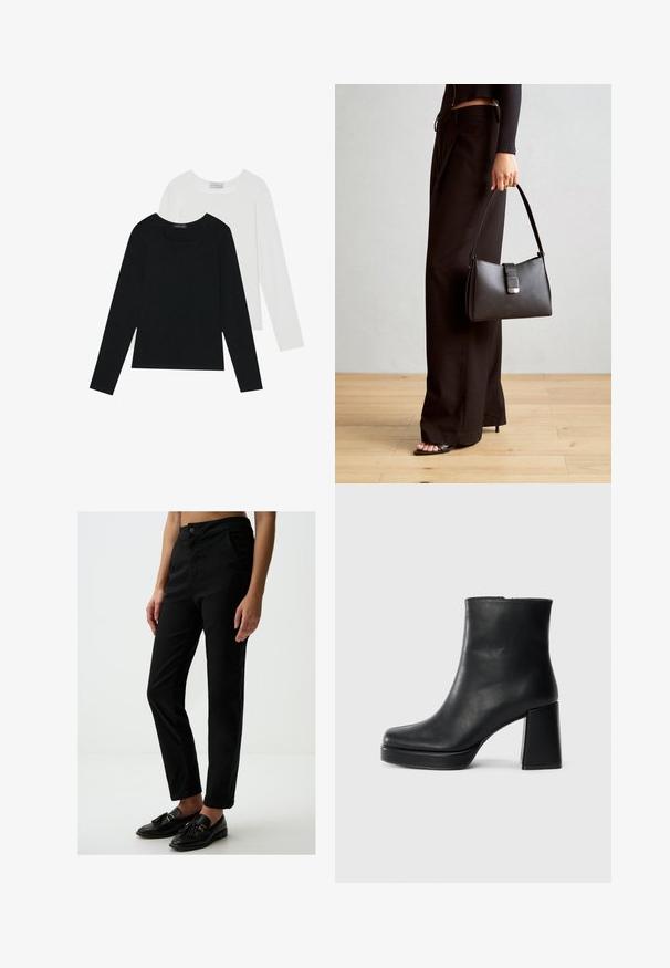 Twee shirts met lange mouwen, één zwart en één wit, beide met een vierkante halslijn en gemaakt van zacht, rekbaar materiaal.; Zwarte high-waisted broek gemaakt van een soepele katoenmix, met voorzakken en een slim fit, gecombineerd met zwarte loafers.; Zwarte leren enkelboot met een blokhak en platformzool, zijaanzicht op een effen witte achtergrond.; Zwarte handtas met gestructureerde vorm, gladde textuur en een metalen sluiting. Gecombineerd met brede zwarte broeken en sandalen met open teen op een houten vloer.