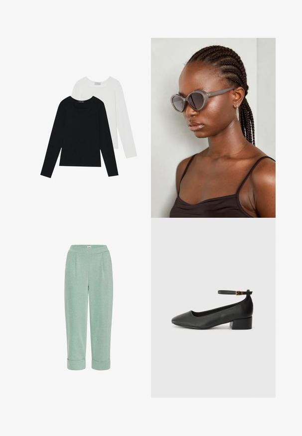 Dva dolga rokava, en črn in en bel, oba z kvadratnim izrezom in narejena iz mehkega, raztegljivega materiala.; Svetlo zelene skrajšane hlače z mehkimi teksturami, ki imajo zavihan rob in sprednje nabore, zasnovane za udobje in sproščeno nošenje.; Črne usnjene pumpice z nazobčanimi prsti in nizko blokasto peto. Imajo trak okoli gležnja z zaponko v zlatem tonu. Gladka tekstura.; Sive velike sončne očala z zaobljeno obliko in temnimi lečami. Elegantno plastično ogrodje z gladko površino. Model ima spletene lase.