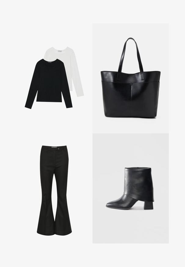 Dva dolga rokava, en črn in en bel, oba z kvadratnim izrezom in narejena iz mehkega, raztegljivega materiala.; Črne široke hlače iz gladkega materiala, z visokim pasom, sprednjim zapiranjem na gumb in elegantnim, prirezanim dizajnom.; Črne usnjene gležnjarje z izostrenim prstom, gladko teksturo in trdnimi blokastimi petami. Imajo visok, zložen manšeti.; Črna usnjena torba z dvema dolgima ročajema, gladko teksturo in strukturirano obliko. Ima sprednji žep za dodatno shranjevanje.